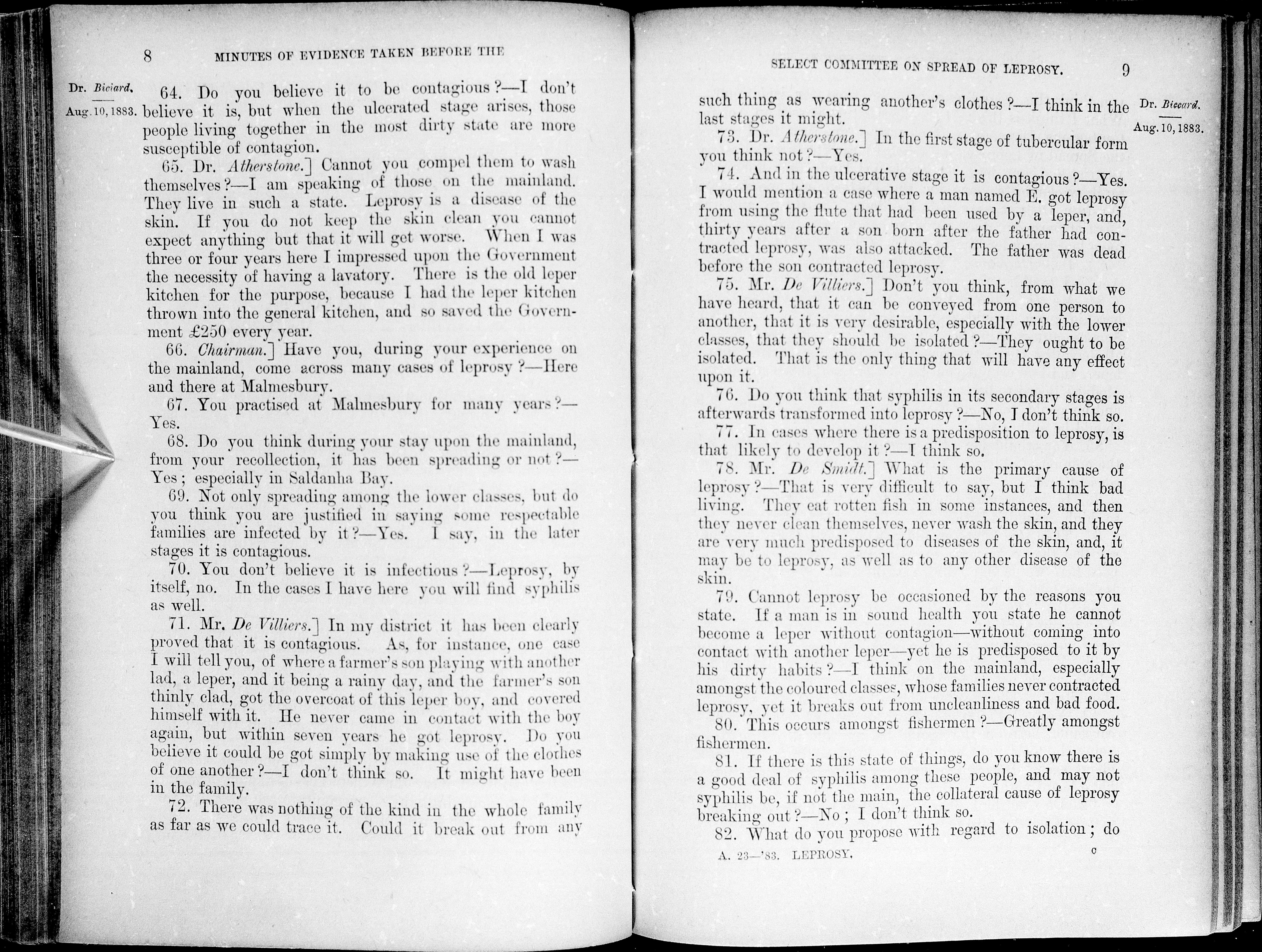 Two page spread from the 1883 Report of the Select Committee on The Spread of Leprosy, titled "Minutes of Evidence Taken Before The Select Committee on Spread of Leprosy".