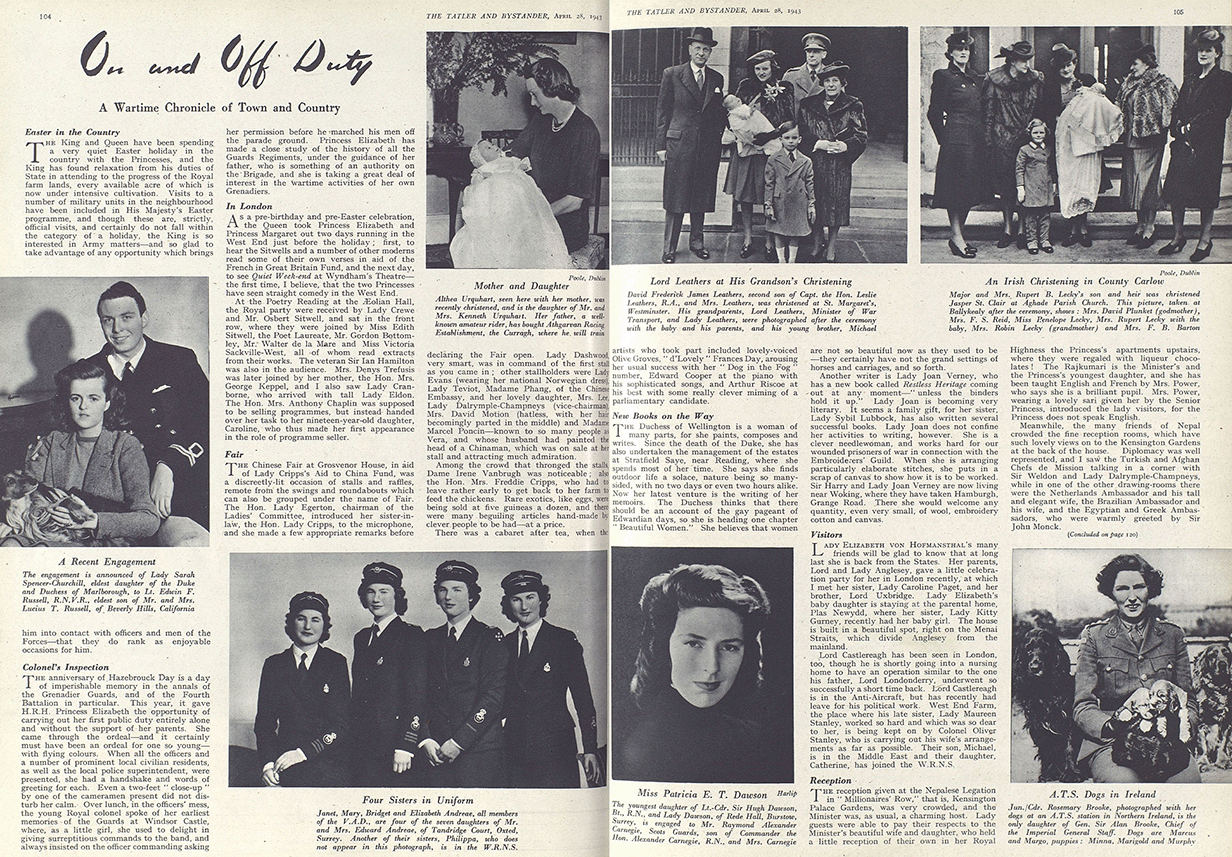 A double page spread from The Tatler. The article depicted in the image is titled "On and Off Duty: A Wartime Chronicle of Town and Country". On the page, there are 7 photographs depicting various arrangements of people.