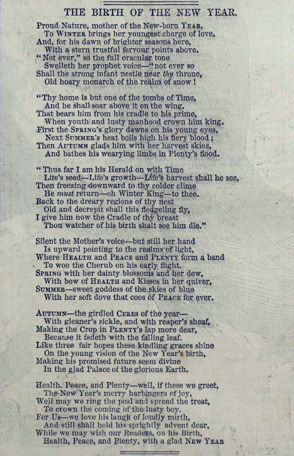 A poem published in The Illustrated London News titled "The Birth of the New Year". Features six paragraphs of text in a column. 