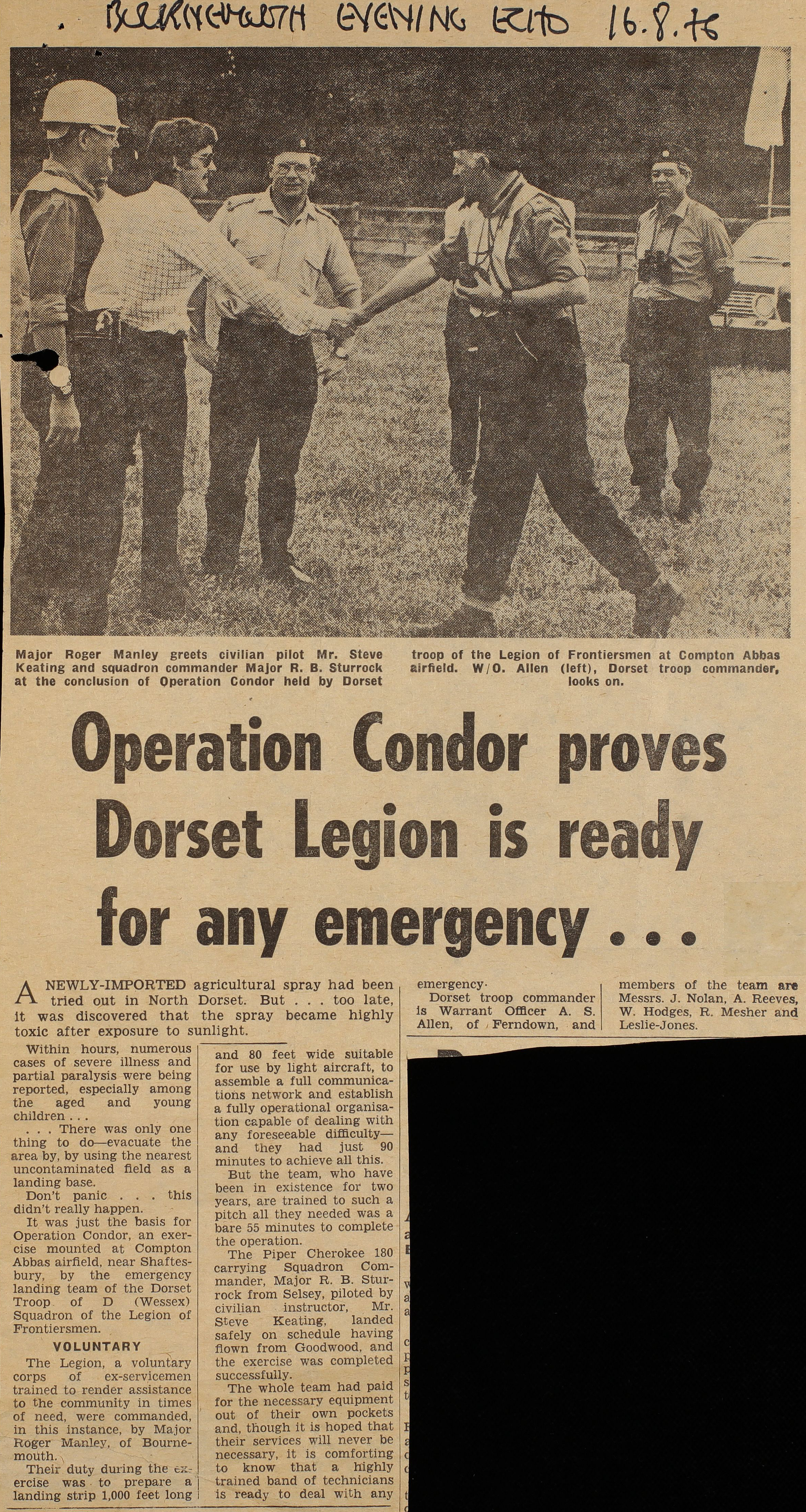 A newspaper cutting with "Bournemouth Evening Echo 16.8.76" written on the top. A photograph of Major Robert Manley shaking hands with a civilian pilot features at the top, with the title "Operation Condor proves Dorset Legion is ready for any emergency...".
