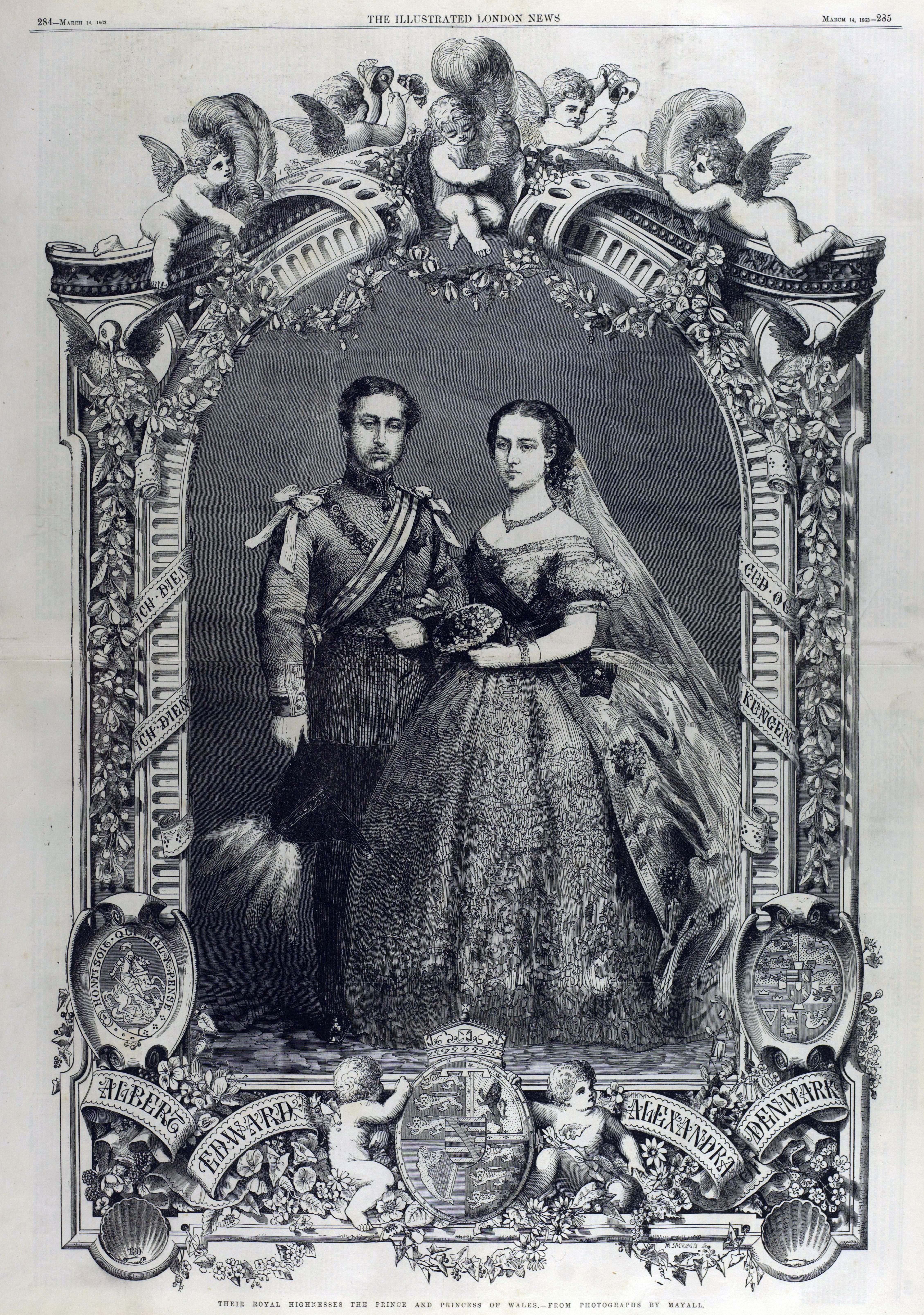 An illustration of King Edward VII and Alexandra of Denmark in an elaborate frame, from The Illustrated London News, 1863. Caption beneath reads "Their Royal Highnesses The Prince and Princess of Wales - From Photograph by Mayall."