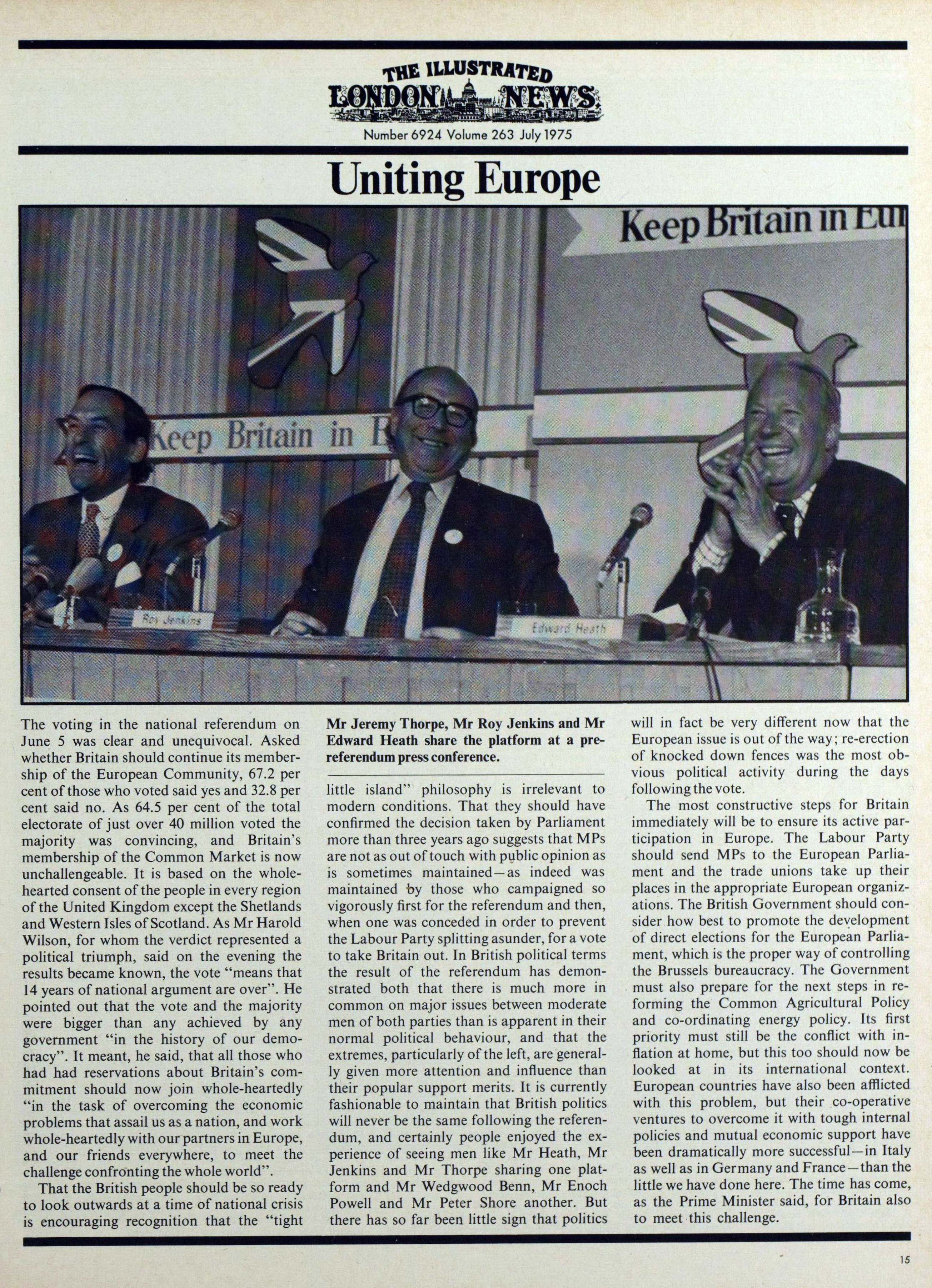 A page from The Illustrated London News, July 1975, titled "Uniting Europe", featuring three columns of text below a photograph of three men at a conference table.