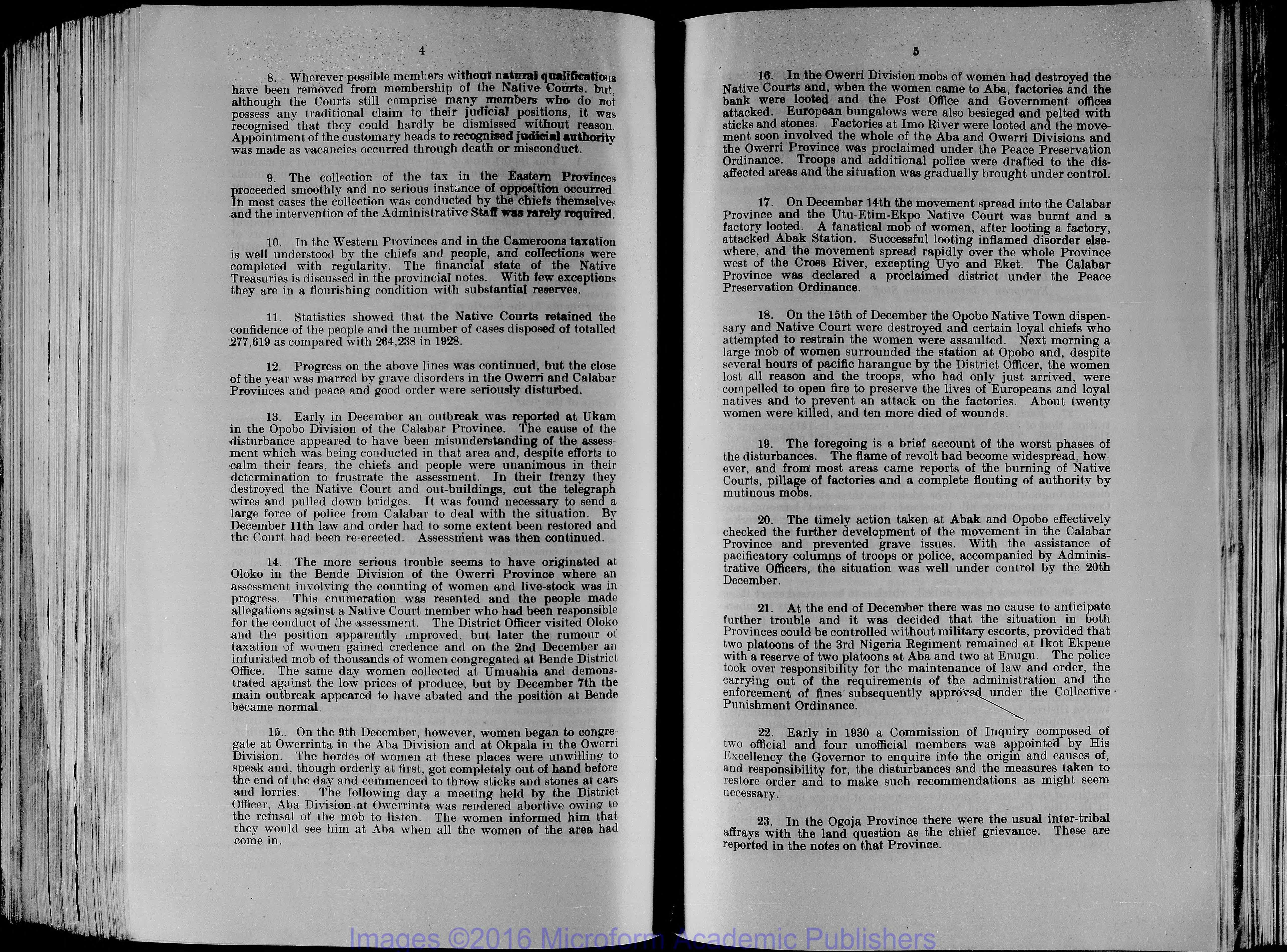 Two pages from the 1929 Annual Report on the Southern Provinces in Nigeria. Text on the pages is split into numbered paragraphs.