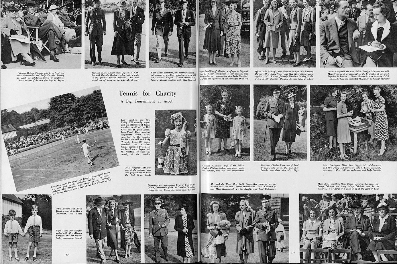 A double page spread of The Tatler, featuring 16 photographs from a tournament at Ascot for charity. The photographs focus mainly on the attire of the notable attendees. There is one photograph of the tennis match itself.