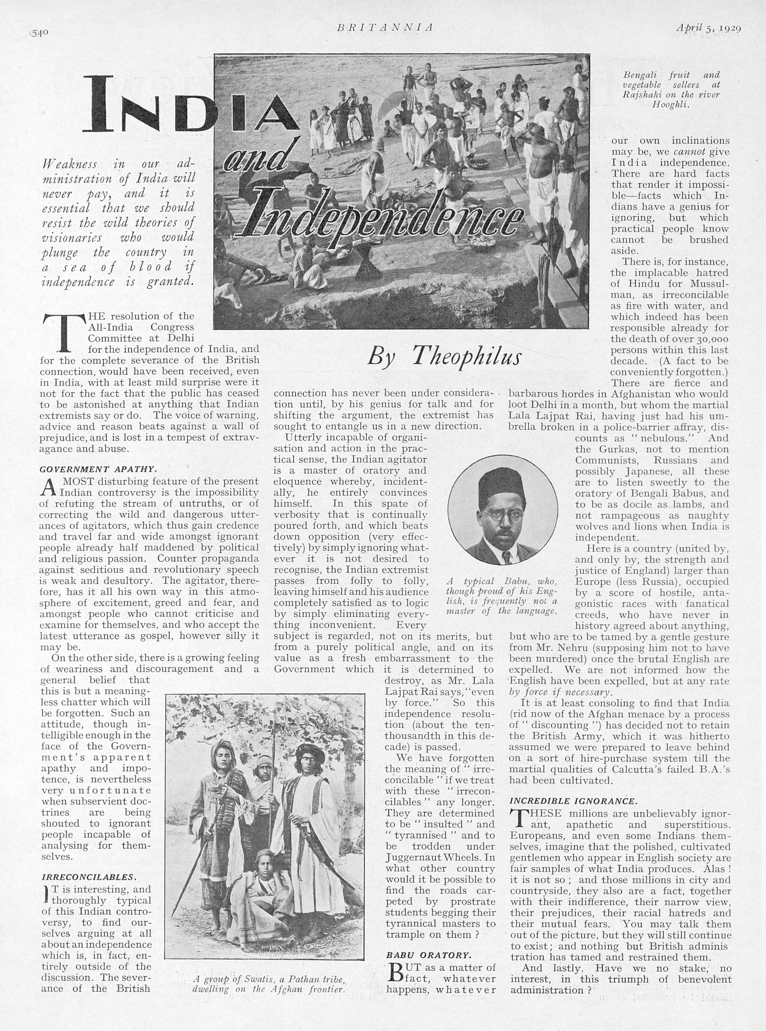 A page from Britannia titled "India and Independence, By Theophilus". A photograph features in the top-center of the page, and three columns of text are below and to the sides of the photograph. 