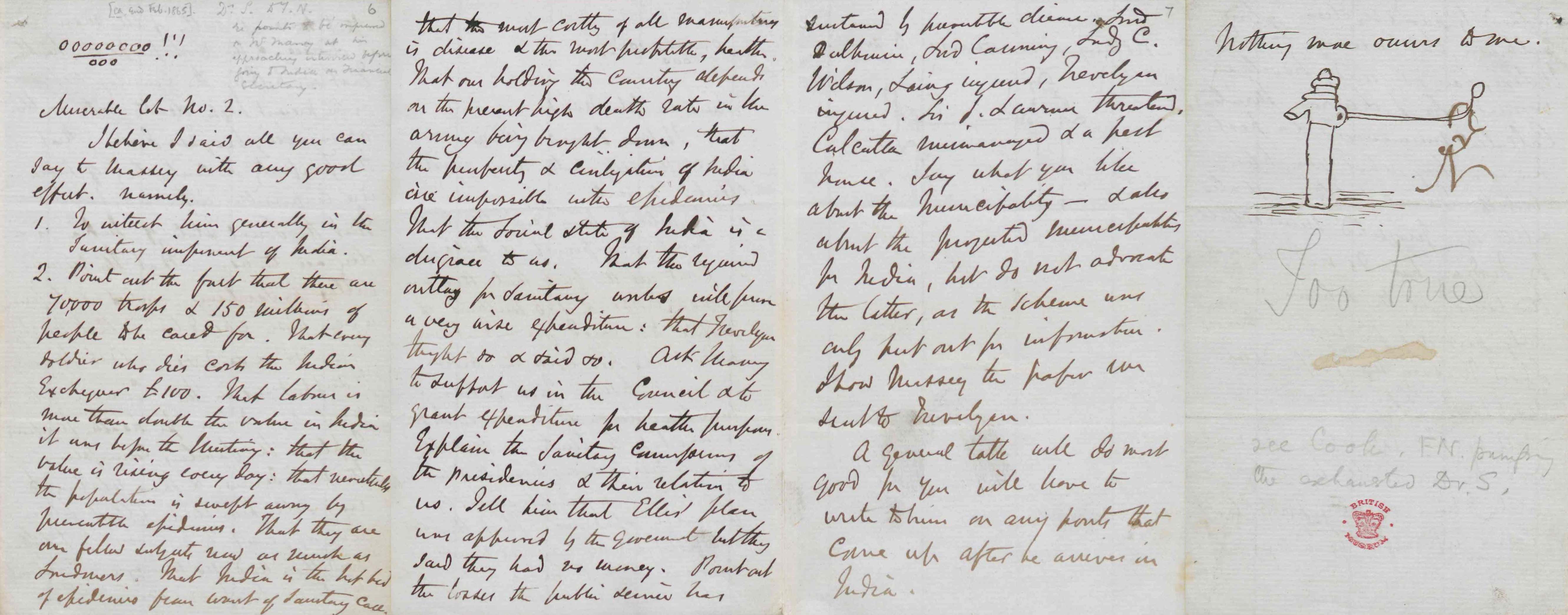 Four pages of a handwritten letter. On the fourth page is an illustration of a water pump.