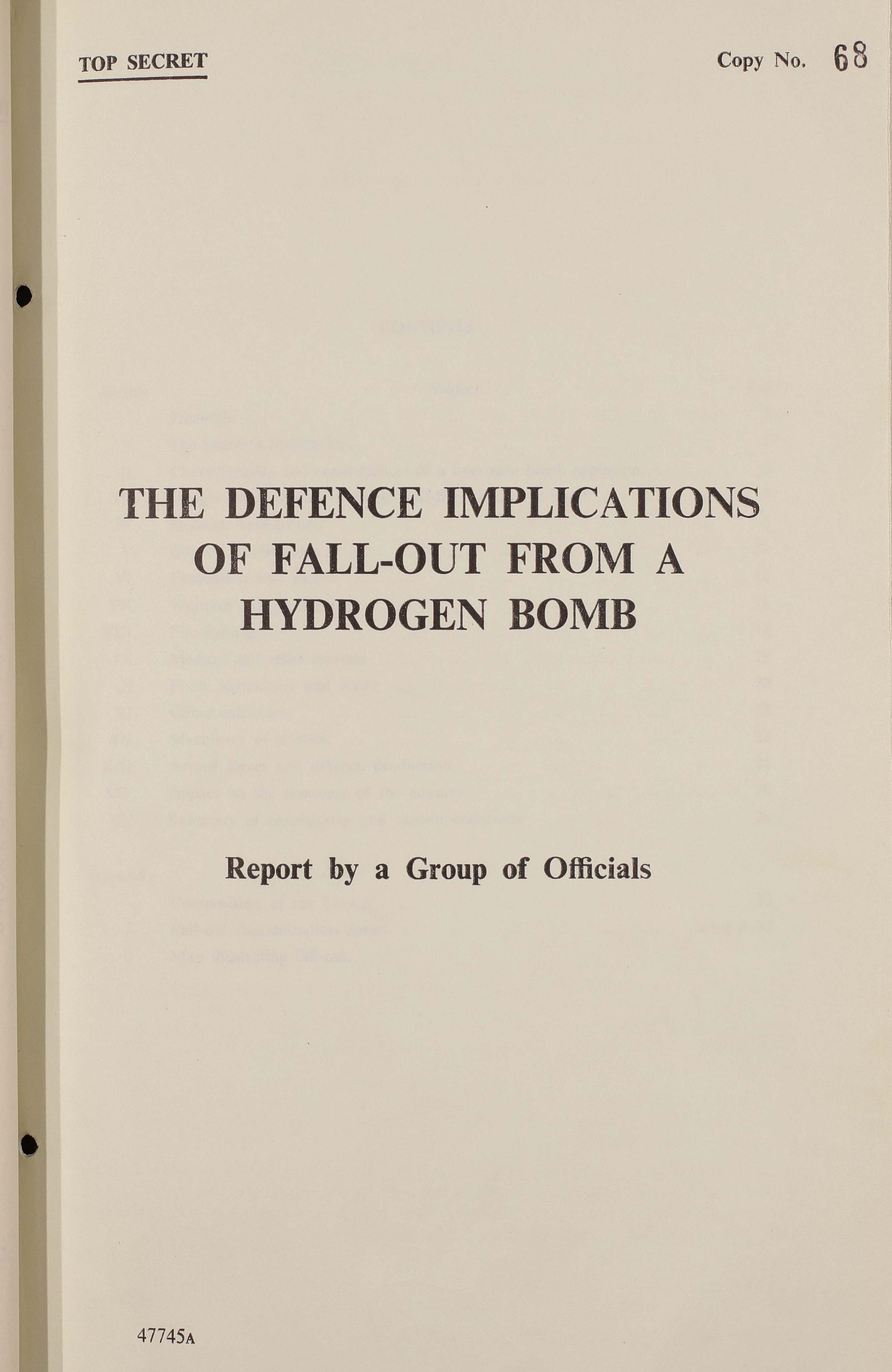 The front page of a report titled "The Defence Implications of Fall-Out from a Hydrogen Bomb."