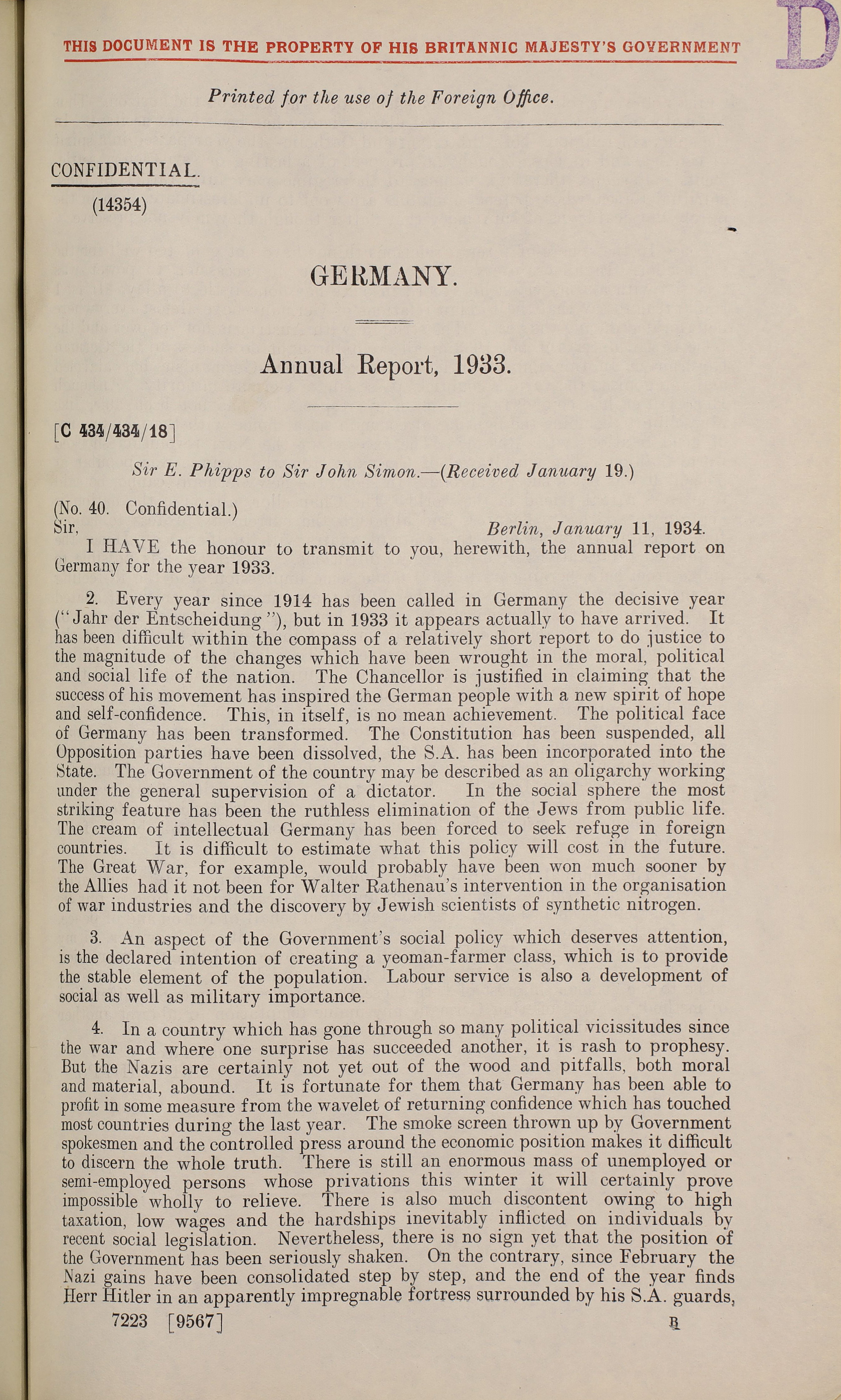 A document titled “Germany. Annual Report, 1933.”