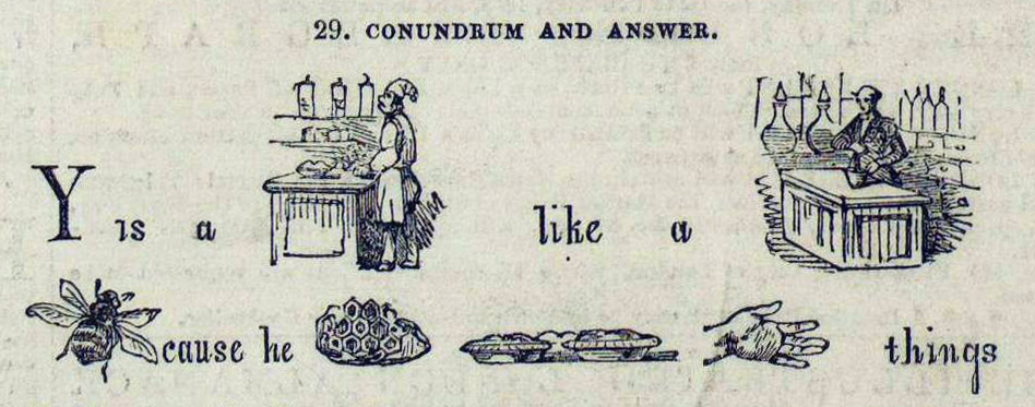 A section of the "Christmas Crackers" page of the Illustrated London News, showing an illustrated puzzle titled "29. Conundrum and Answer". The puzzle reads "Why is a baker like a pharmacist, because he sells pies and things", depicted by illustrations.