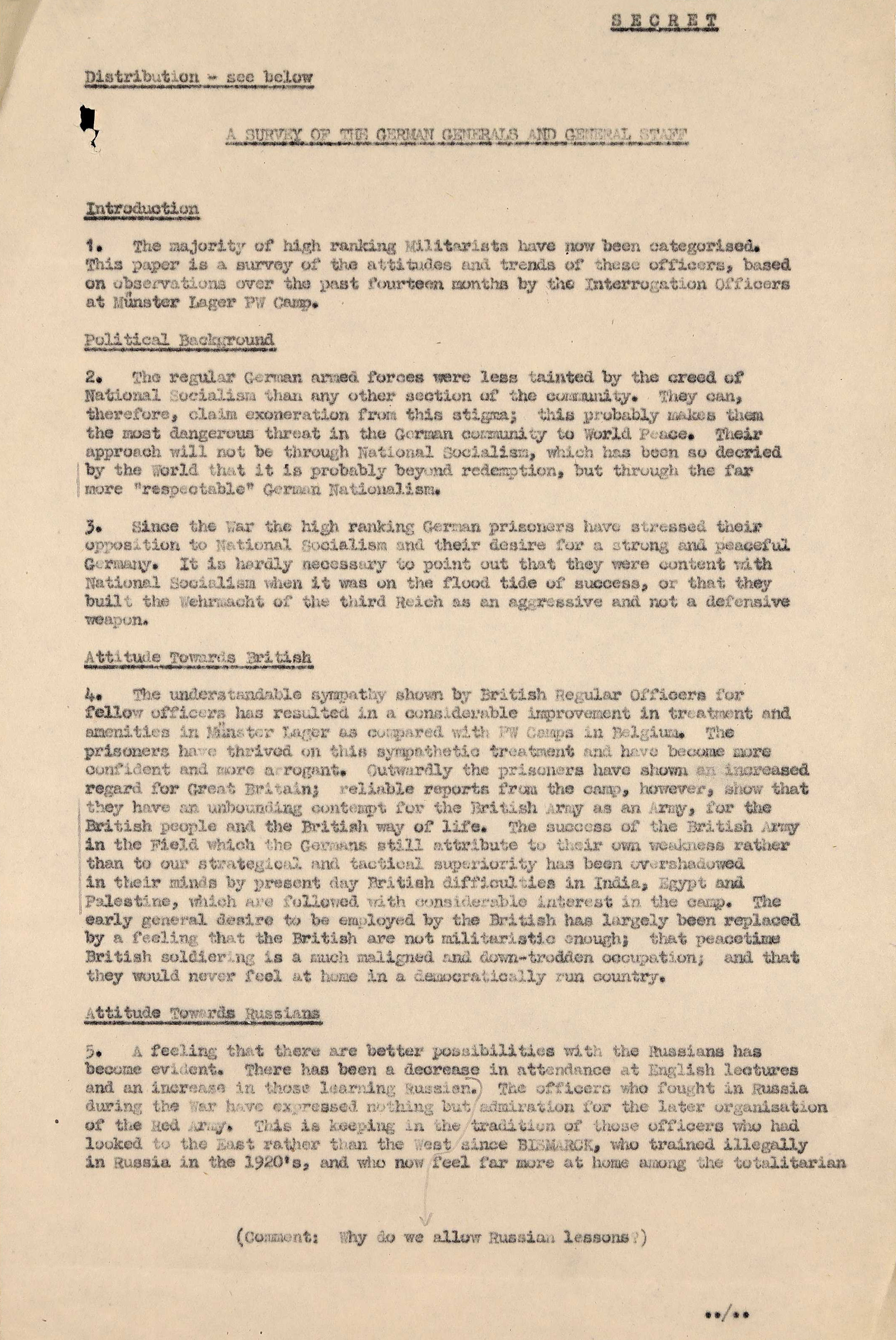 A page of typed text titled "A Survey of The German Generals and General Staff".