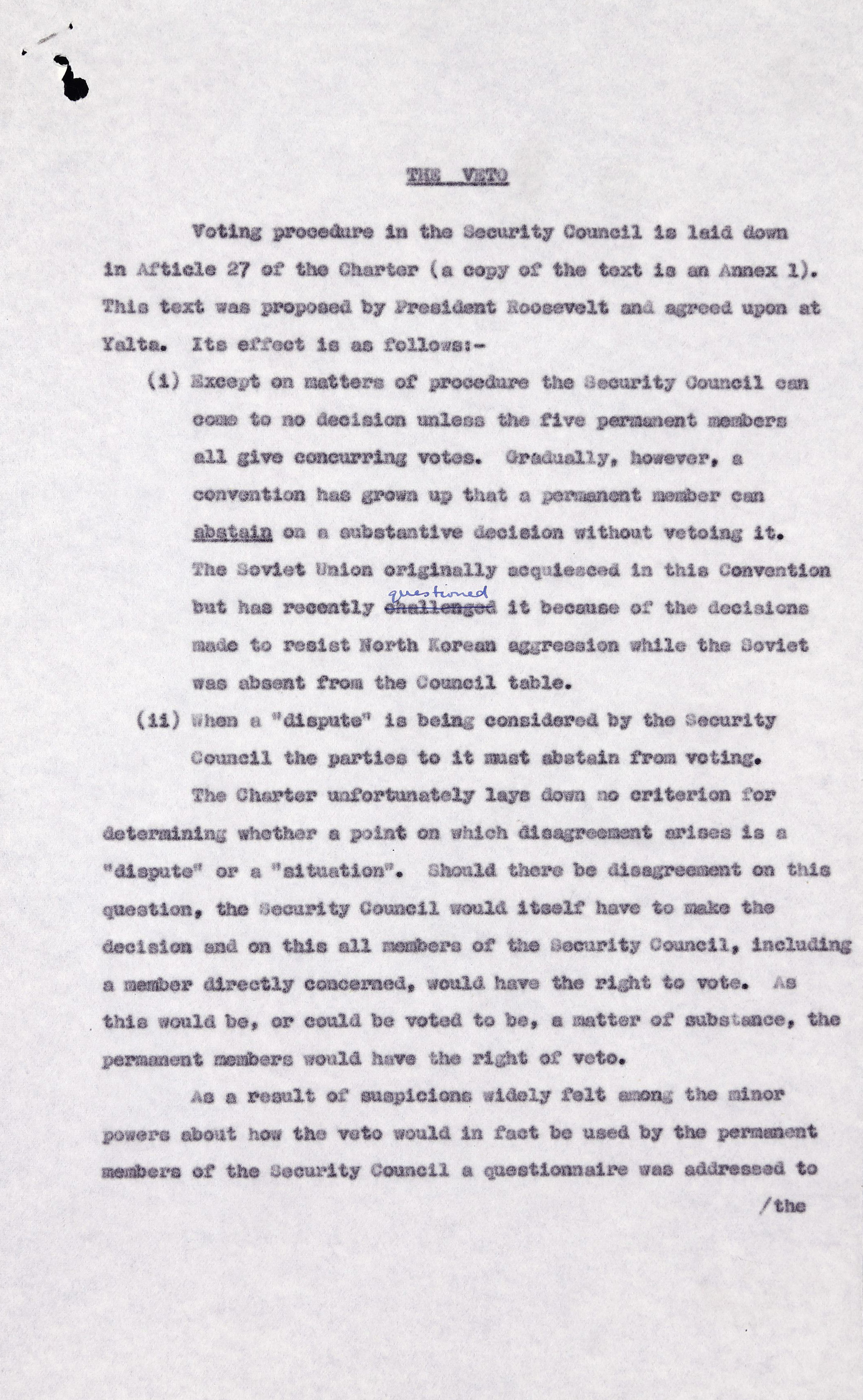 Typed text titled "The Veto", featuring two numbered paragraphs.