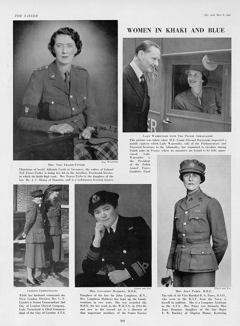 A page from The Tatler, with five photographs of women wearing uniform on it. In the first photograph, there is a woman with short curly hair wearing a uniform with a tie and arm band. In the second, a man stands by the window of a vehicle, in which a woman in uniform sits. The third photo features two ladies stood up, wearing long skirts along with tunics and hats. In the fourth photo, a woman in dark uniform sits, with her head resting in her hand, showing off her hat and decorative sleeves. The fifth photo features a stern woman with a smart tunic and hat.