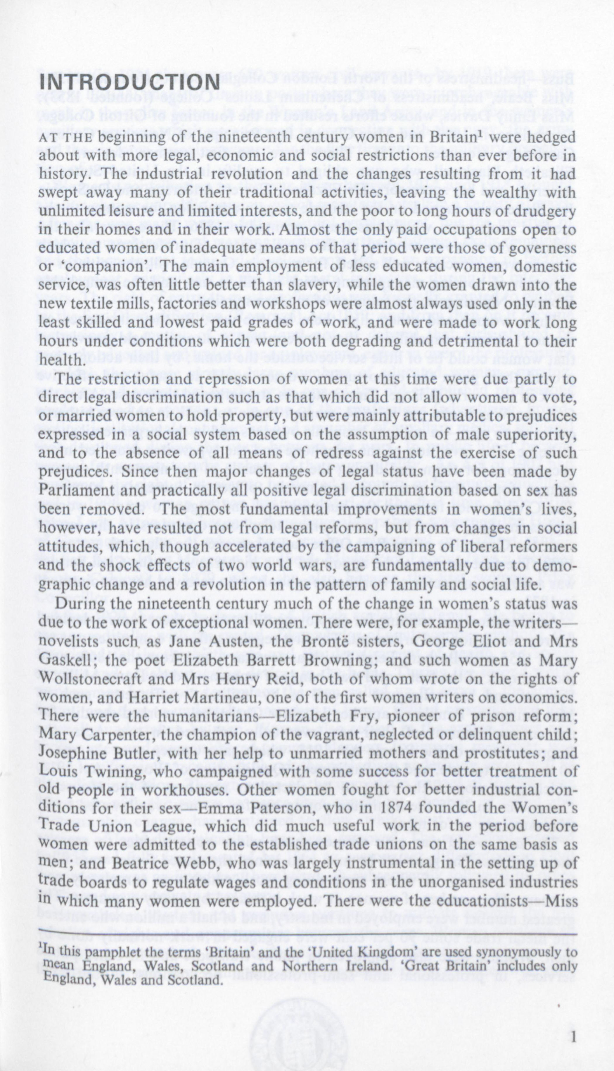 A page of typed text titled "Introduction", from the pamphlet "Women in Britain".