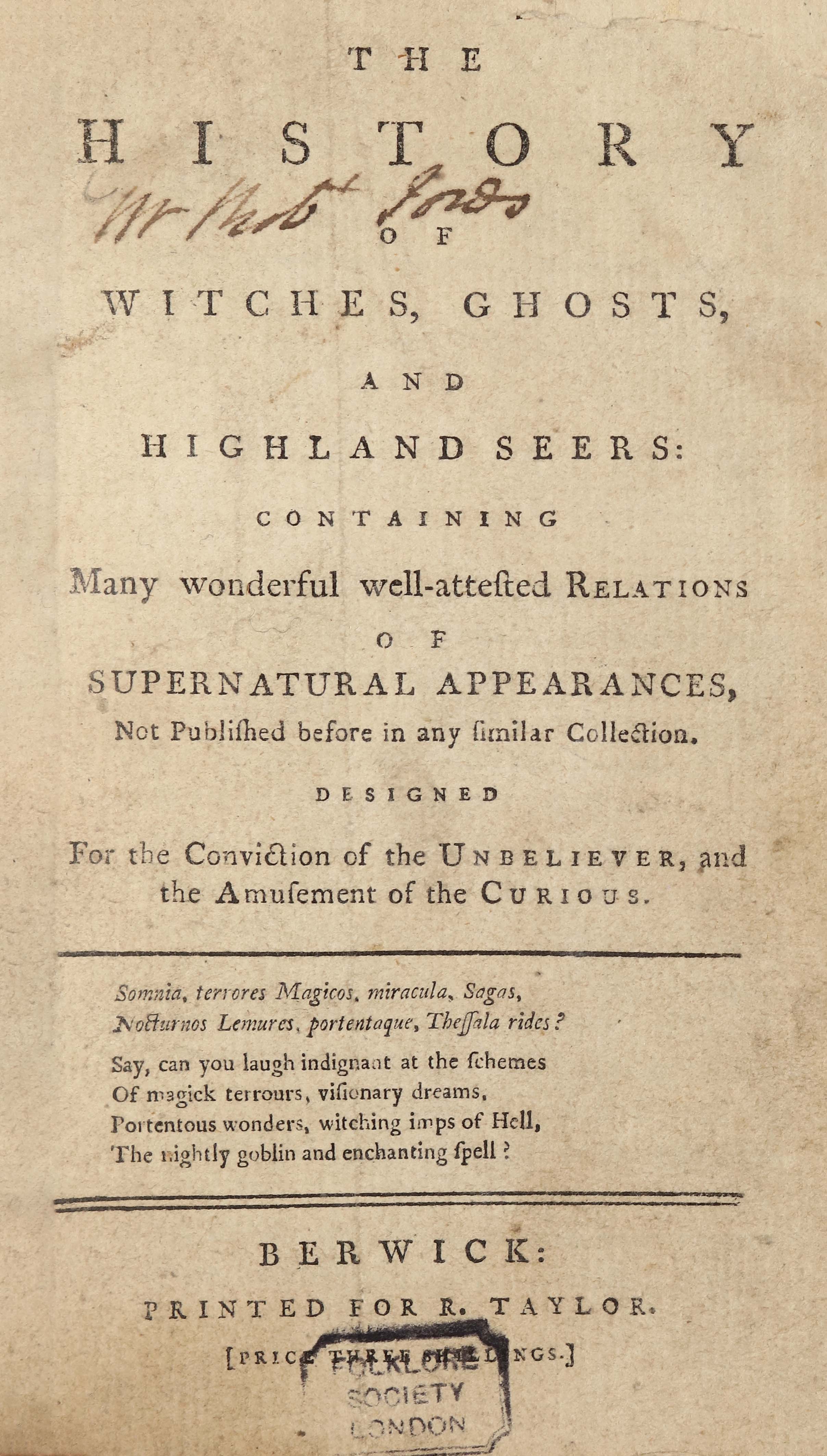 The front page of a book titled "The History of Witches, Ghosts, and Highland Seers". Handwritten text features at the top of the page, between two lines of the title. A stamp at the bottom of the page reads "Folklore Society London".