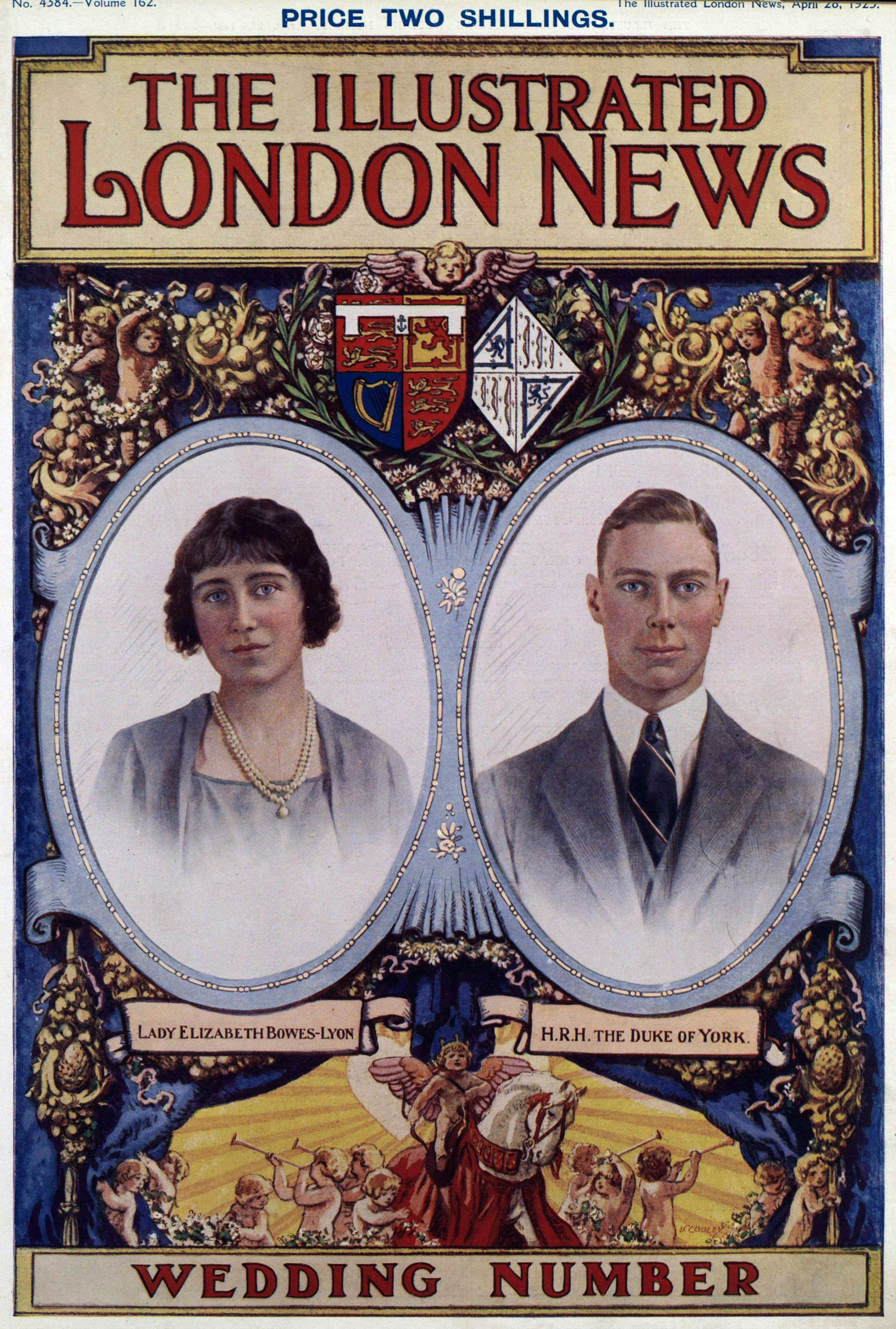 The front page of The Illustrated London News, 28 April 1923, with the title "Wedding Number" featuring at the bottom. Two coloured portraits of King George VI and Elizabeth Bowes-Lyon feature in the middle, side by side, with the captions "Lady Elizabeth Bowes-Lyon" and "H.R.H. The Duke of York". Two crests feature above the portraits. Several cherubs with horns, and one on a horse, feature below.
