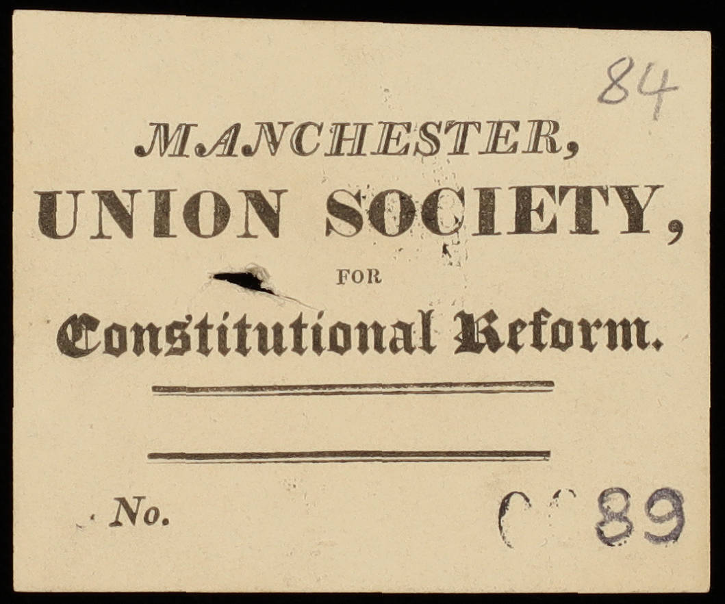 A membership card for "Manchester, Union Society, for Constitutional Reform". It is marked "No. 89".