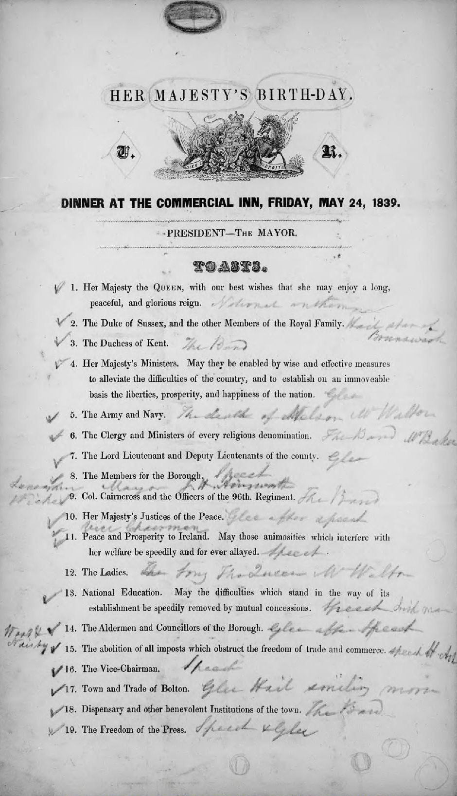 A list of 19 toasts, with the title "Her Majesty's Birthday, Dinner at the Commercial Inn, Friday, May 24, 1839". The coat of arms of the UK features at the top.