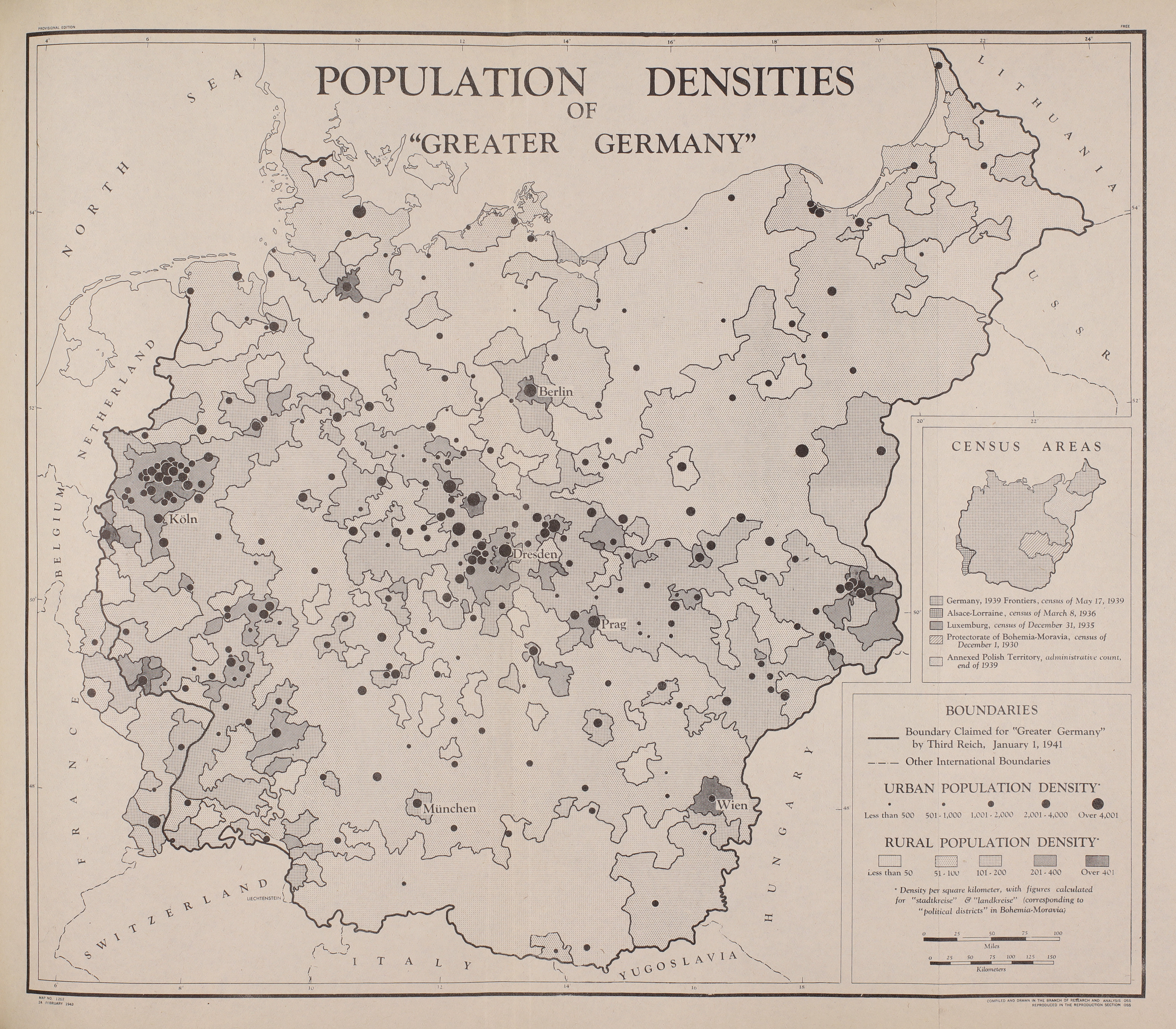 A map of Germany produced in 1943 titled "Population Densities of "Greater Germany"".