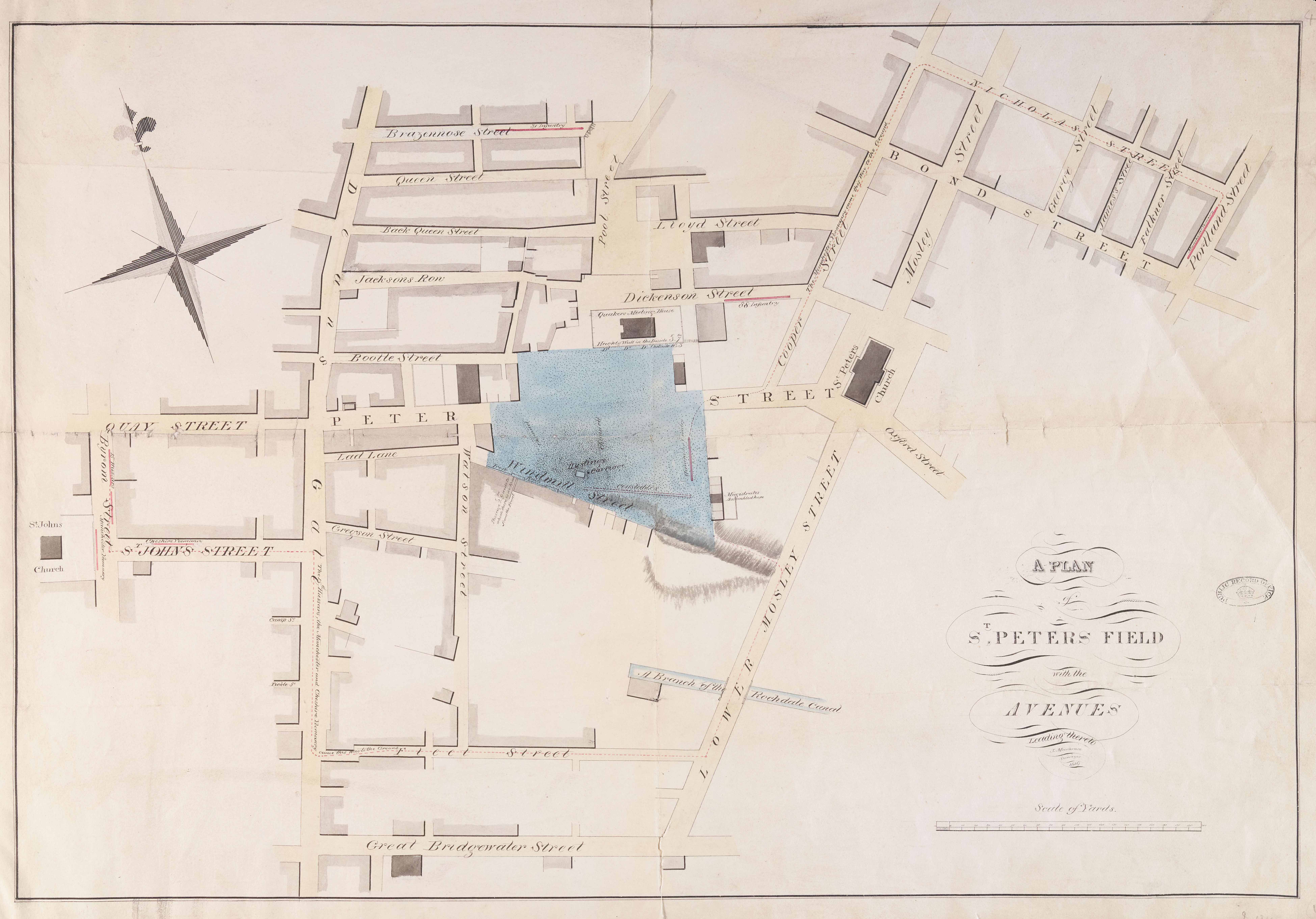 A map of St. Peter's Field and the surrounding area. St. Peter's Field is highlighted blue.
