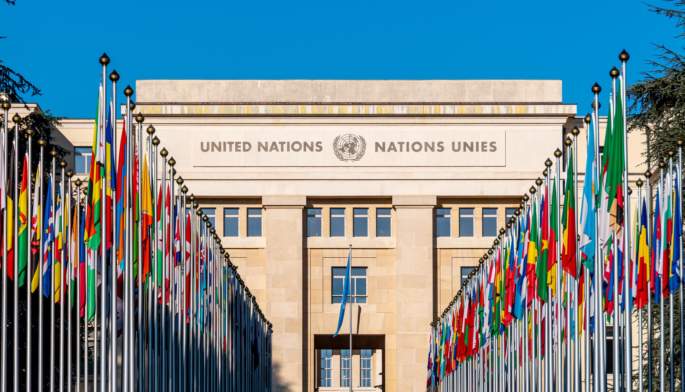 Photograph of the United Nations building in Geneva, Switzerland. Flags line the walkway towards the building;