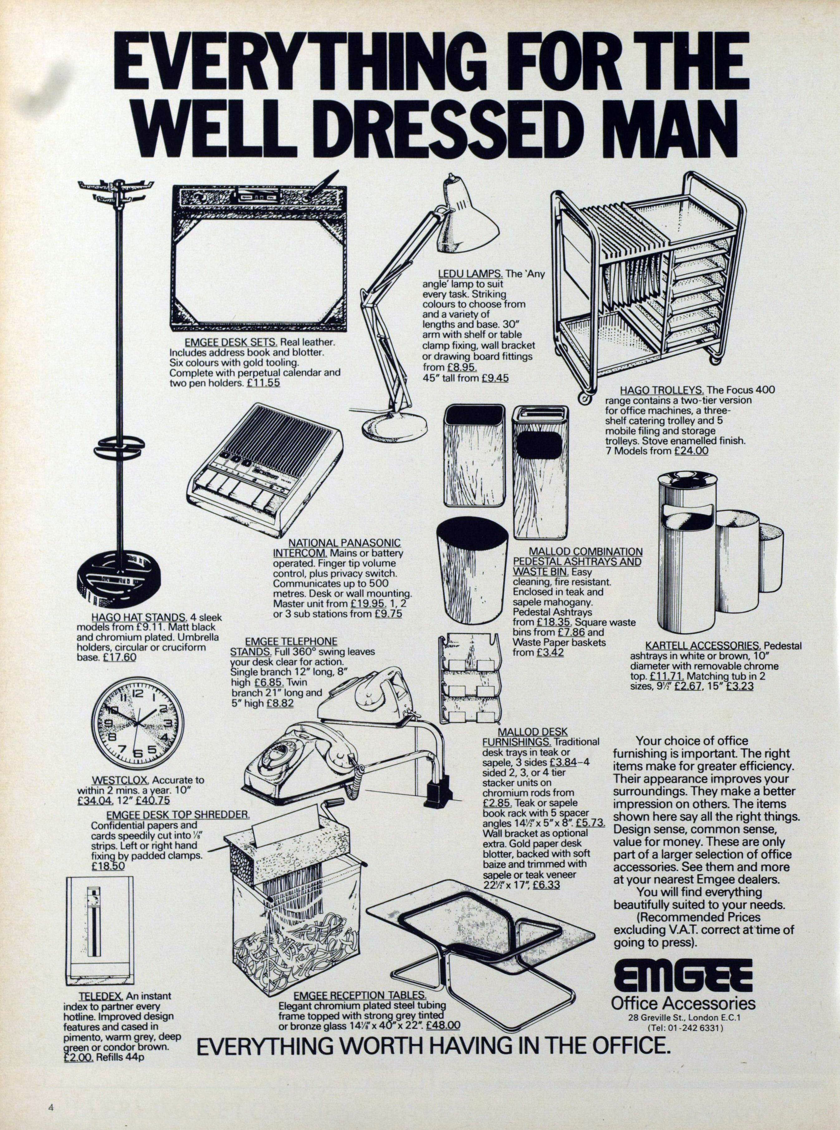 A full-page advertisement from The Illustrated London News, July 1975, titled "Everything for the Well Dressed Man". It features several illustrations of office equipment, including a lamp, a hat stand, a reception table, a paper shredder, etc. 