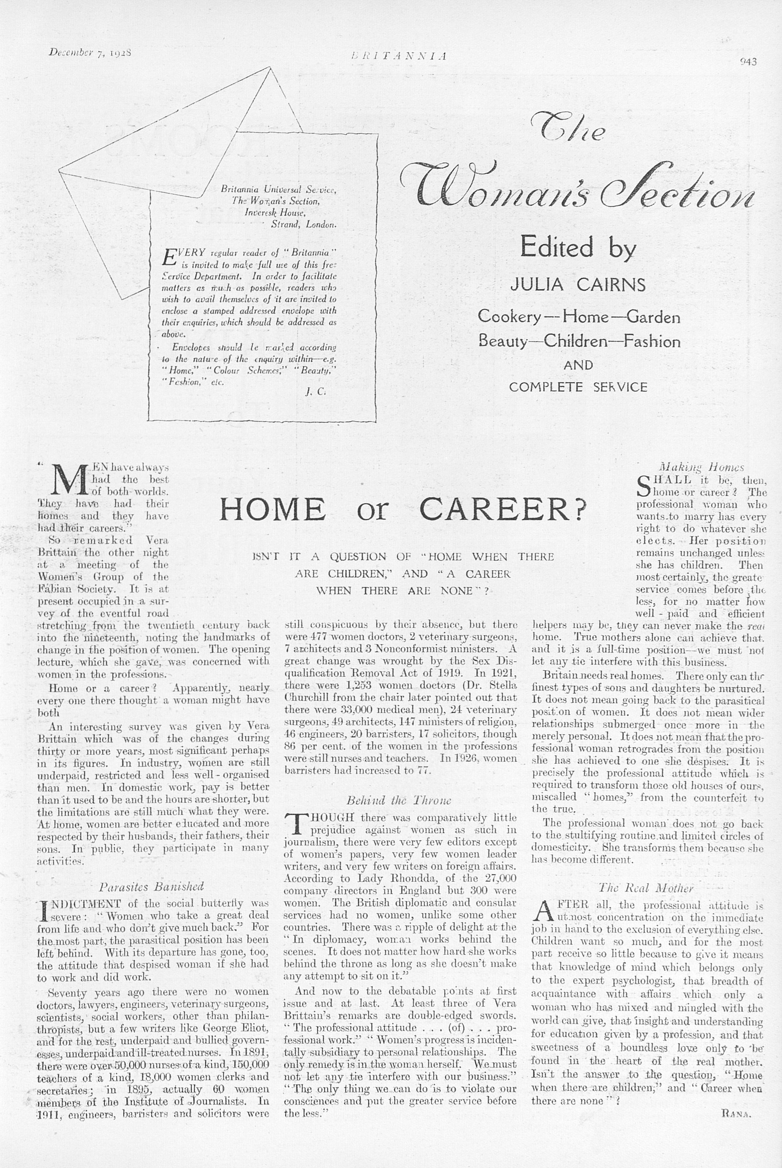 A page from Britannia, 7 December 1945, titled "The Woman's Section, Edited by Julia Cairns". The article on the page is titled "Home or Career?", and features three columns of text.