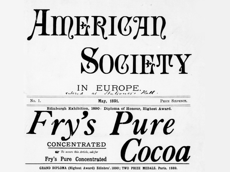 Top of an American Society in Europe front cover dated May 1891, featuring an advertisement for Fry's Pure Cocoa.