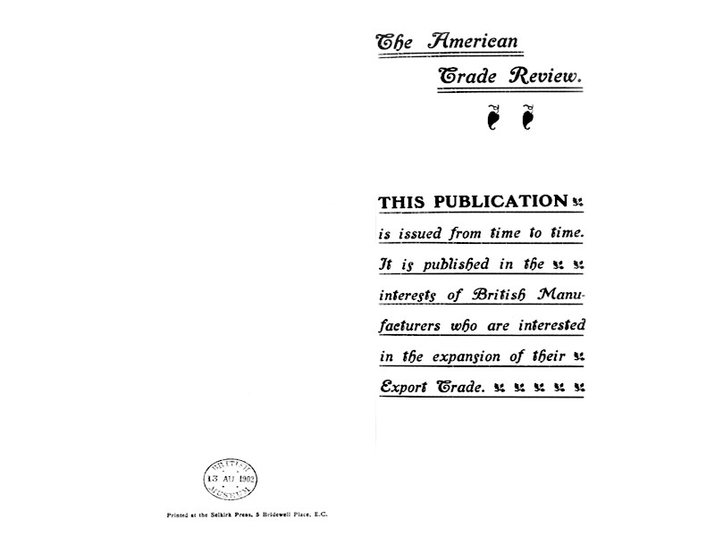 Page from The American Trade Review, featuring a small stamp dated 13 August 1902.