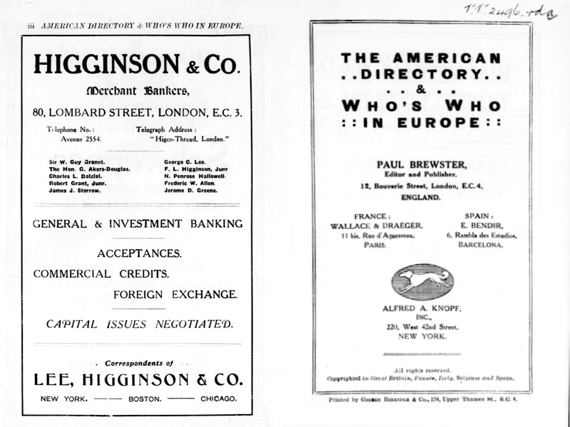 Two-page spread from The American Directory & Who's Who in Europe. The left page features an advertisement for Higginson & Co. and the right page is the Directory's cover page.