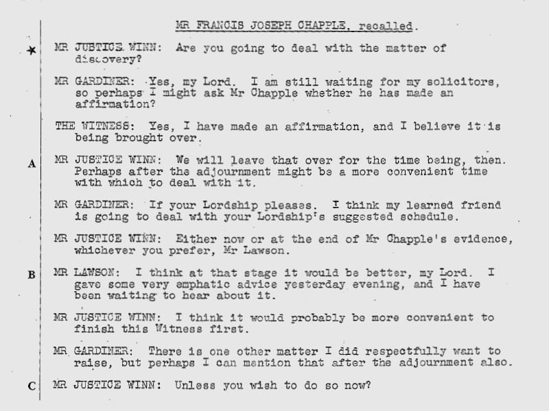 Section of the transcript of Mr. Francis Joseph Chapple's witness testimony.