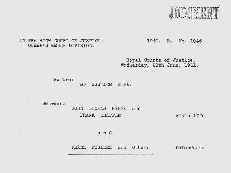 Section of a document labelled Judgement, dated 28 June 1961.