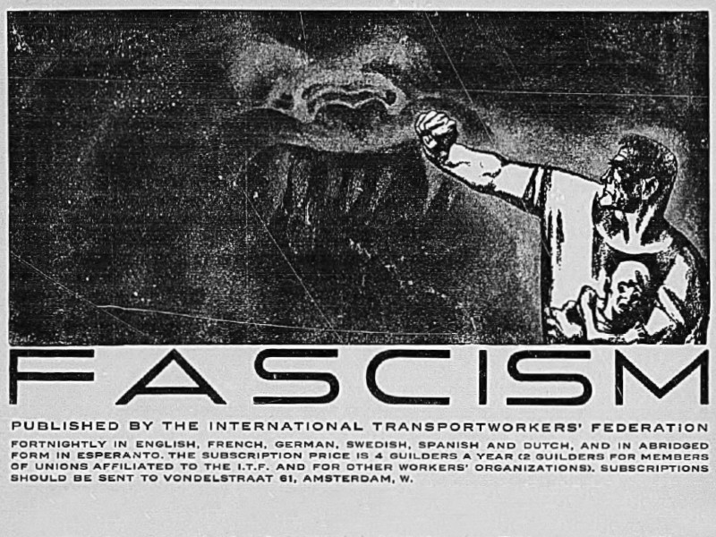 Poster titled Fascism, published by the International Transportworkers' Federation, featuring an illustration of a man fending off a shadowy beast.