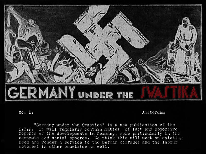 Section of the front page of Germany Under the Swastika, featuring typed text beneath an illustration of a swastika and people suffering.