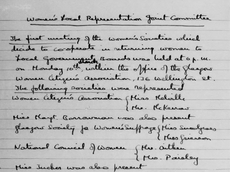 Section of a handwritten summary of a meeting of the Women's Local Representation Joint Committee.
