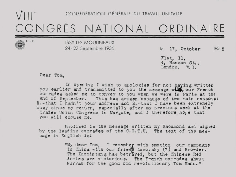 Section of a letter addressed to Thomas Mann (Tom), dated 17 October 1935, featuring a Congrès National Ordinaire letterhead.