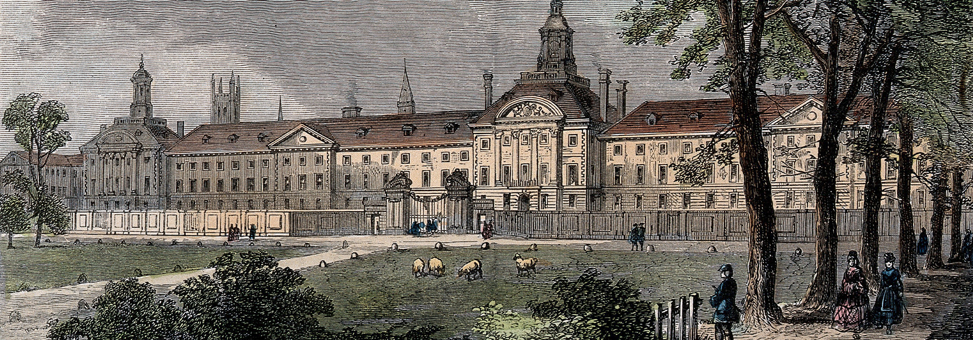 The Hospital of Bethlem [Bedlam] at Moorfields, London: seen from the north, with sheep grazing and people walking in the foreground. Coloured wood engraving by W. H. Prior.