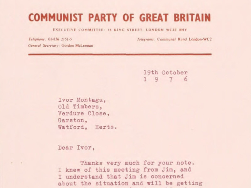 Top section of a typed letter addressed to Ivor Montagu, dated 19 October 1976. Features a Communist Party of Great Britain letterhead.