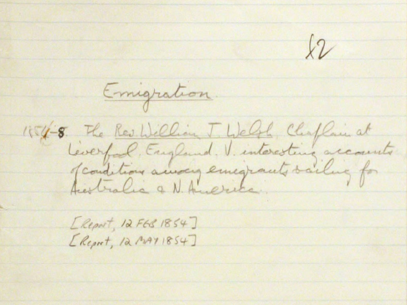 Handwritten note recording reports on Emigration, dated 12 February 1854 and 12 May 1854.