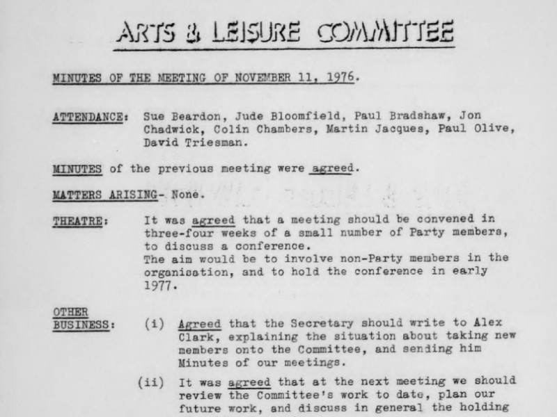 Section of minutes from a meeting of the Arts & Leisure Committee on 11 November 1976.