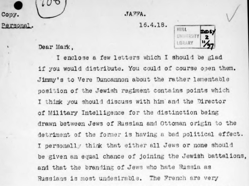 Section of a typed copy of a letter addressed to Mark Sykes, dated 16 April 1918.