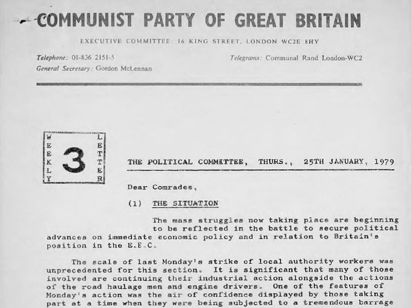 Section of a weekly letter from the Communist Party of Great Britain titled The Political Committee, dated 25 January 1979.