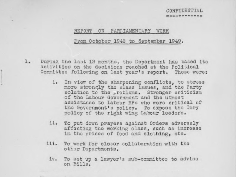 Section of a confidential report titled Report on Parliamentary Work From October 1948 to September 1949.
