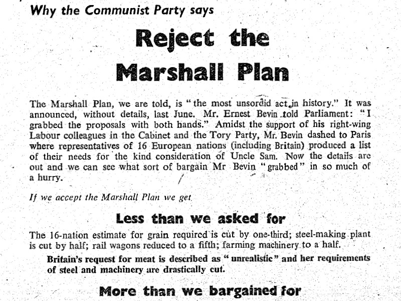Section of a poster titled Why the Communist Party says Reject the Marshall Plan.