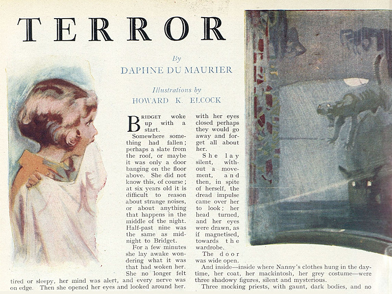 Section of a short story by Daphne du Maurier titled Terror, featuring two colour illustrations. On the left a young girl is depicted, and on the right a dark scene with a screaming cat is depicted.