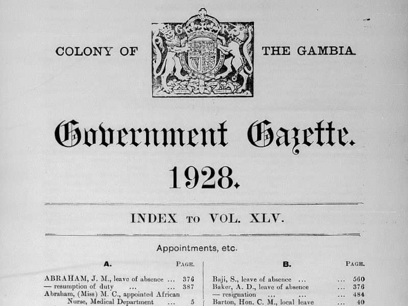 Section of an index page of the Colony of the Gambia's Government Gazette 1928.