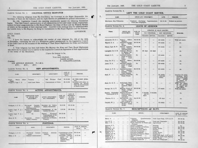 Two-page spread from The Gold Coast Gazette, dated 5 January 1935, containing various notices and tables.