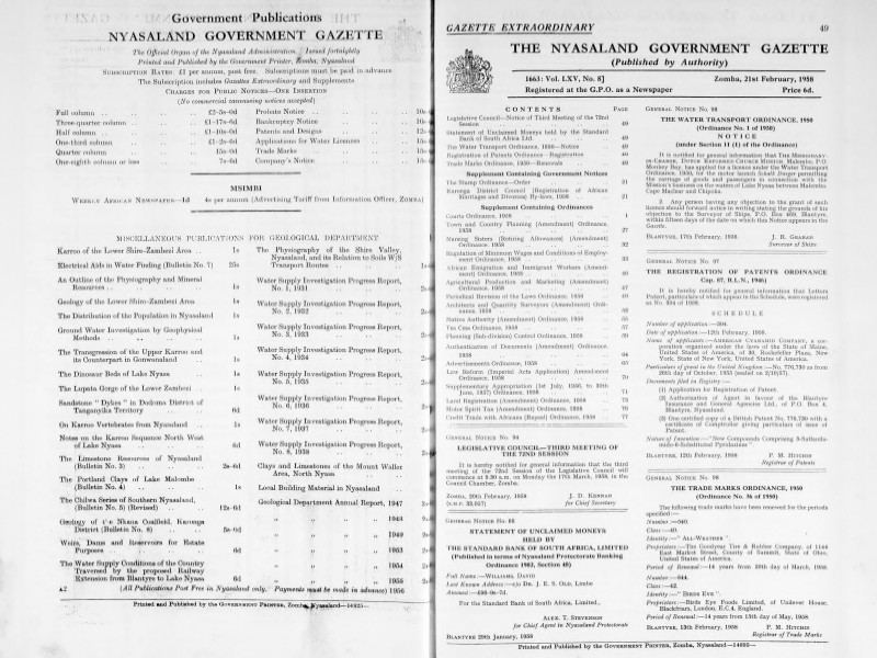 Two-page spread from The Nyasaland Government Gazette, 21 February 1958. Left page lists various government publications and their prices. Right page features contents and various government notices.