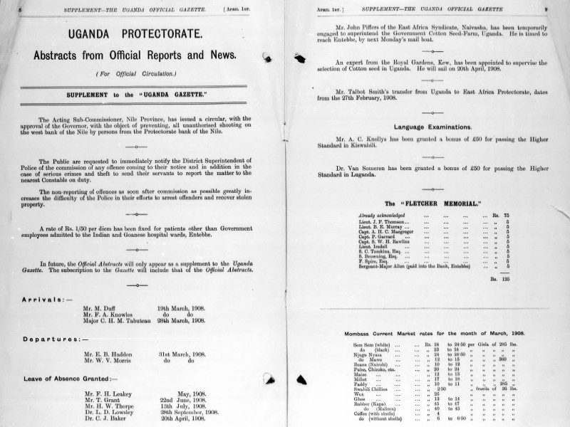 Two-page spread from the Uganda Official Gazette, titled Uganda Protectorate, Abstracts from Official Reports and News and dated April 1st.