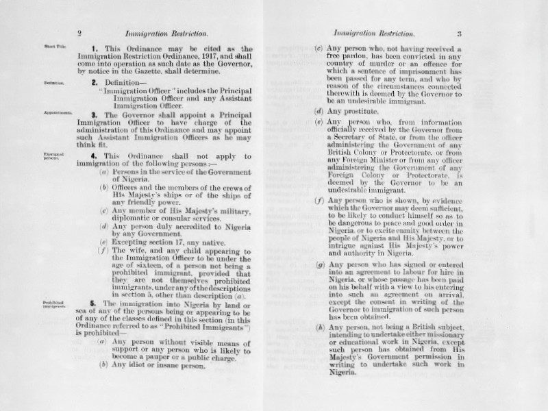 Two-page spread titled Immigration Restriction, outlining the 1917 Immigration Restriction Ordinance.