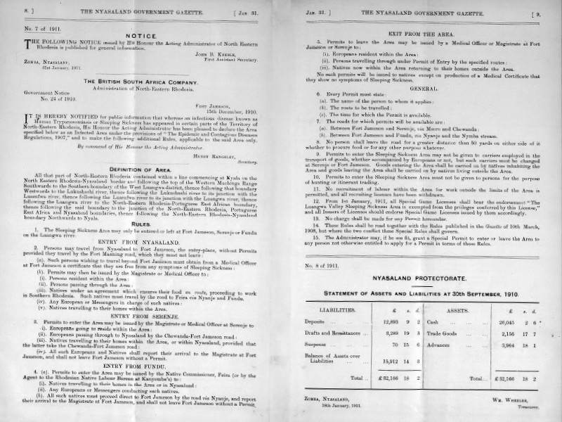 Two-page spread from The Nyasaland Government Gazette, dated January 1st, showing a notice regarding entry into Nyasaland and a Statement of Assets and Liabilities at 30th September 1910.